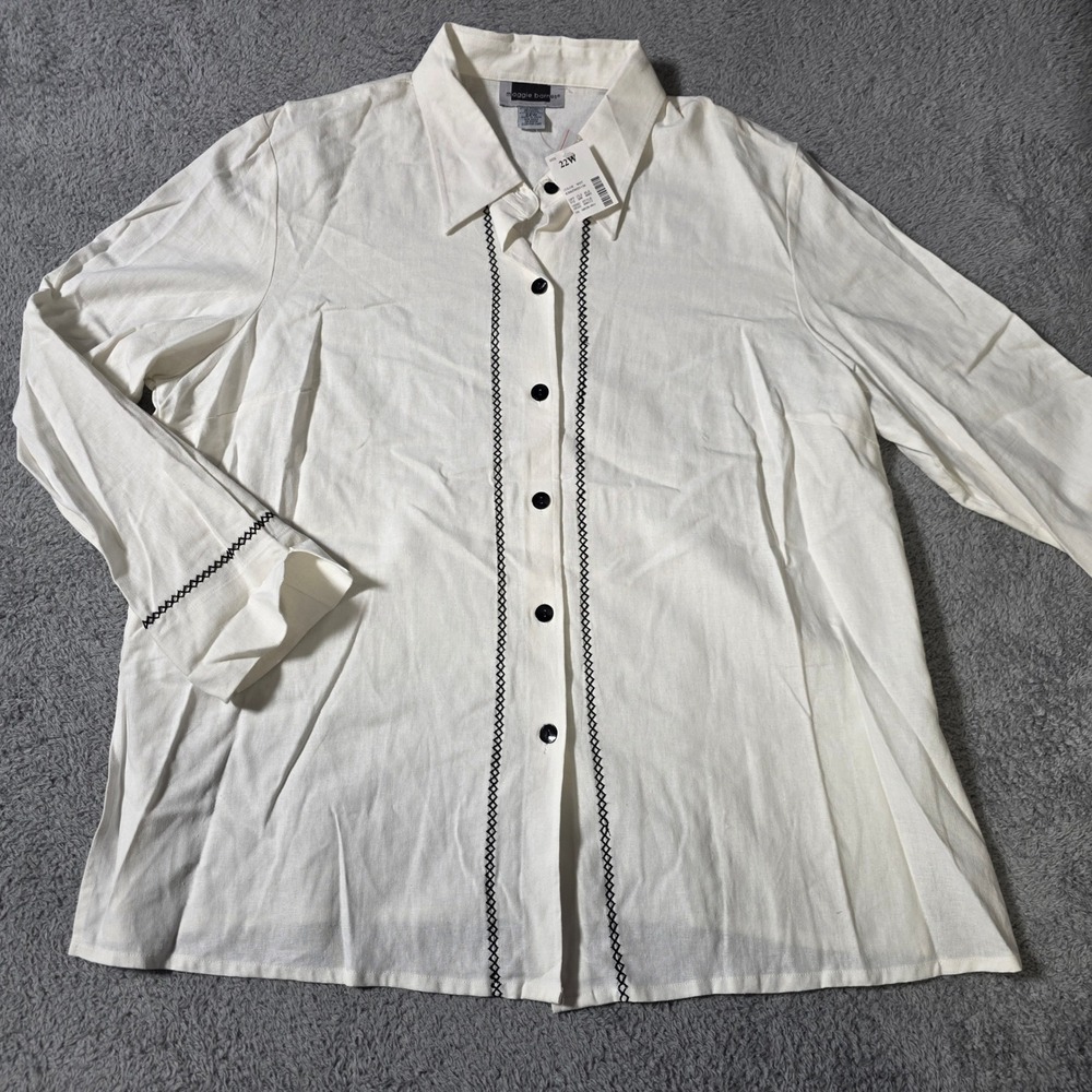 Maggie Barnes Womens 22W Button Down Shirt White Linen Blend Embroidered 32RZB